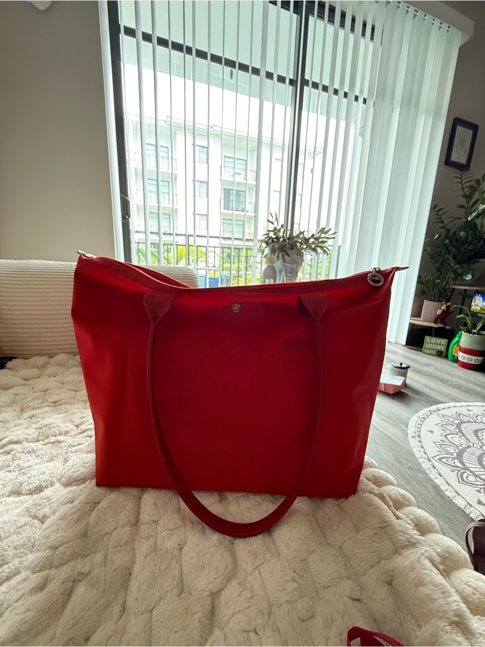 Large Longchamp Le Pliage Red Everyday Tote Bag.